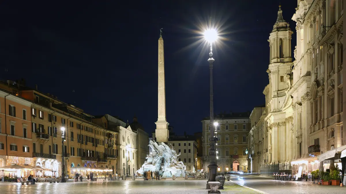Piazza Navona at night with the Fountain of the Four Rivers and its obelisk